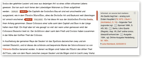 When an arrow is clicked, the full source text annotation will be displayed in the marginalia column. Additionally, the section of the text enclosed by the arrow and its counterpart is highlighted by a red line.